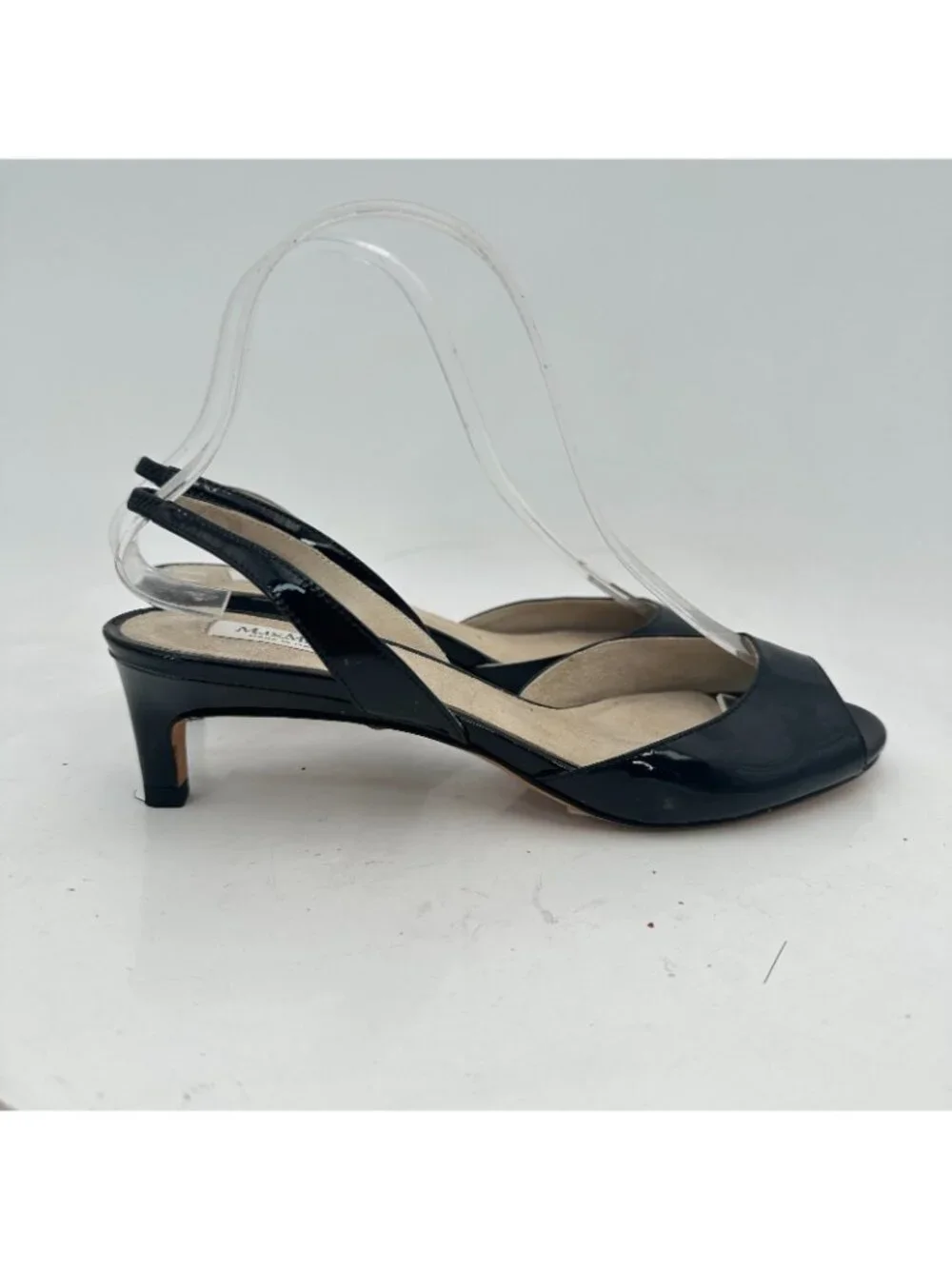 Max Mara Women EU 37 Black Patent Open-Toe Slingback Kitten-Heel Sandals